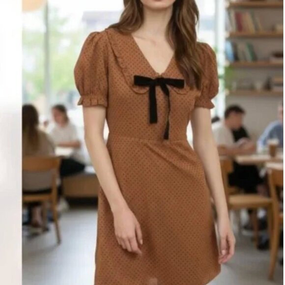 NWOT Blu Pepper POLKA DOT COLLARED VELVET TIE MINI BABYDOLL DRESS RUST BROWN - Picture 2 of 9